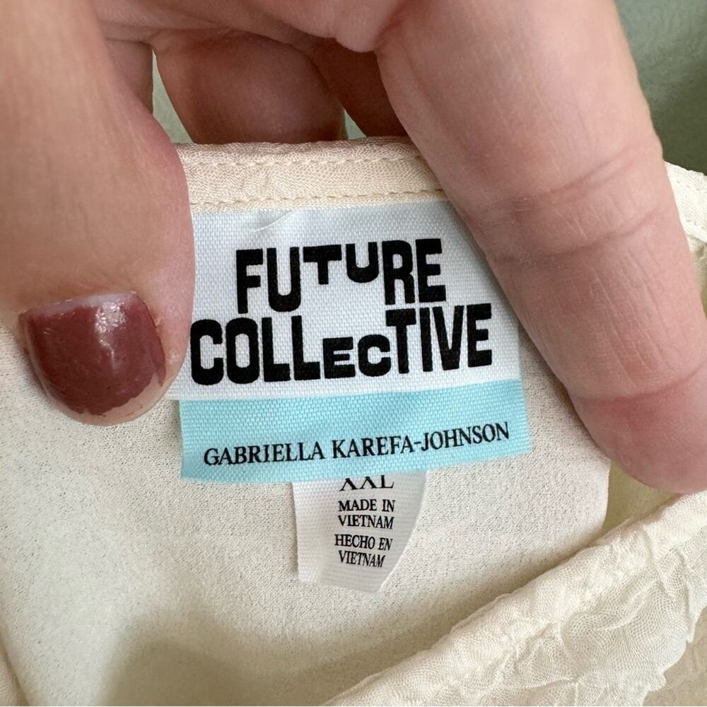 Future Collective Textured Knit Square Tie Neck Puff Sleeve Top Cream XXL Plus - Picture 10 of 11